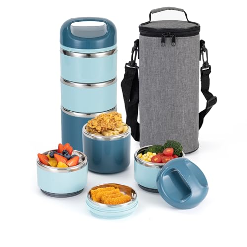 Lille Home Lunch Box de 3 camadas de aço inoxidável 1,43 l, caixa de bento isolada sem fugas para preparação de refeições em movimento, recipiente de alimentos empilhável (azul)