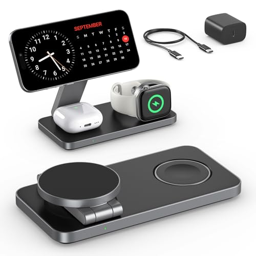 EXW Carregador sem fios magnético 3 em 1 com MagSafe carregador portátil dobrável para iPhone 16/15/14/13/12 AirPods Apple Watch adaptador de cabo 20 W cor preta