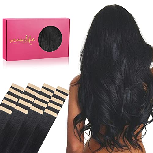WENNALIFE Extensões adesivas de cabelo natural, 35 cm, 50 g, 20 peças, preto-azabache extensões de cabelo humano