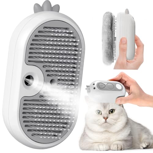 Escova a vapor para gatos com botão de liberação, recarregável escova gato vapor para pelo comprido e curto gatos cães coelhos, escova para gatos para animais de estimação com pelo solto (branco)