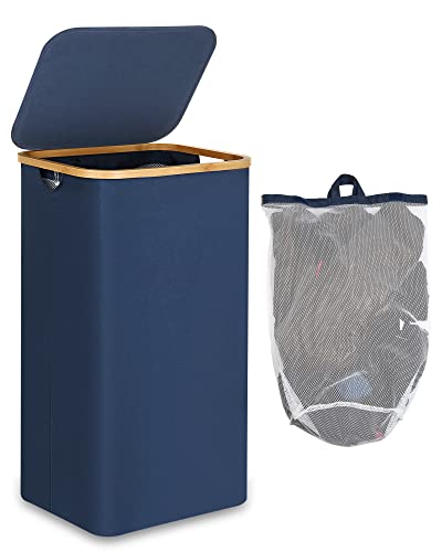 Efluky Cesto de lavandaria dobrável XL de 100 litros com tampa, com alças de bambu e bolsa interior para organizador e armazenamento de roupa suja para quarto, azul