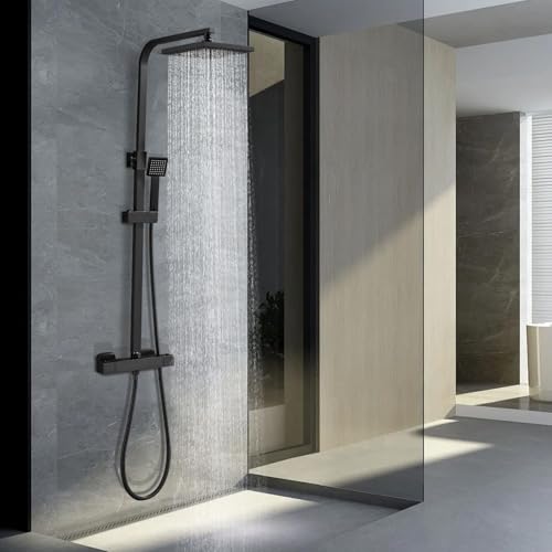 STANEW Coluna de chuveiro termostática, aço inoxidável, chuveiro flexível de ABS, altura ajustável, cor preta