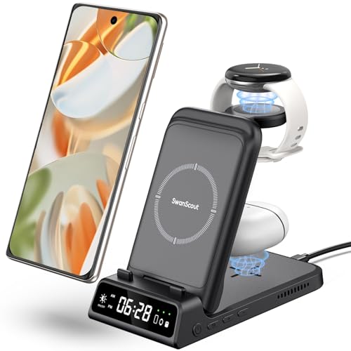 SwanScout 703G Estação de carregamento sem fios para Google Pixel Watch, 4 em 1 carregador sem fios para Google Pixel Pixel 9 Pro/9 Pro XL/9/8a/8 Pro/8/7a/Fold/7/7 Pro/6/6 Pro/5/4/4/GG ixel Buds Pro 2