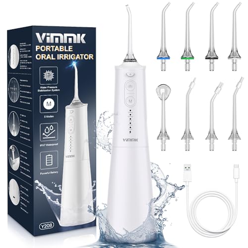 Irrigador bucal portátil, Vimmk Irrigador dental sem fios profissional 8 boquilhas 5 modos, IPX7 impermeável 300 ml USB-C recarregável para limpeza de dentes, para casa e viagens (branco)