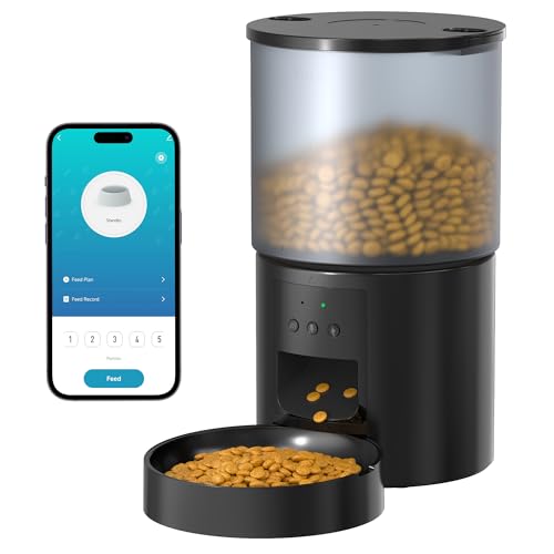 Alimentador de gato automático WiFi: Dispensador comida gatos/cães com gravação 10s - máquina de comida inteligente para Kitty temporizador programável Control App 4L preto