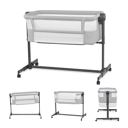 Kinderkraft Neste UP 2 berço conjunto para bebé com colchão, berço de cabeceira, fácil ajuste da cama dos pais, ajuste de altura, boa circulação de ar, rodas transportará, cinzento cloro