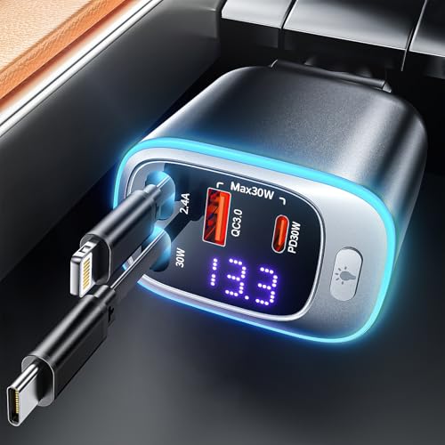Rolgno Carregador de carro retrátil [carregamento rápido de 4 portas] 72 W carregador isqueiro carro, PD30 W & QC3.0 carregador de isqueiro carro, carregador móvel carro com 65 cm cabos duplos para
