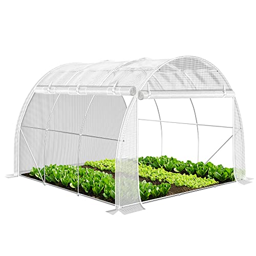 VOUNOT® Estufas de jardim, túnel de estufa, jardim para plantas com paredes laterais enroláveis, cobertura PE e balde de aço, impermeável, 3 x 3 x 2 m, branco