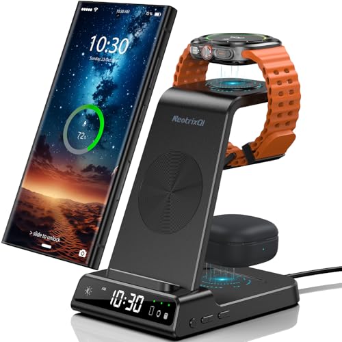 Carregador sem fios para Samsung, 3 em 1 Wireless Charger para Samsung für Galaxy S25 Ultra/S24/Z Flip 6, base de carregamento com relógio digital para Galaxy Watch Ultra/7/6, Galaxy Buds Pro 2