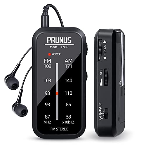 PRUNUS J-985 Transistores rádio bolso FM/Am, rádio portátil pequeno com auriculares (estéreo em modo FM-ST), rádio pilhas pequenas funcionam com 2 pilhas AAA, clipe traseiro, para caminhar e viajar.