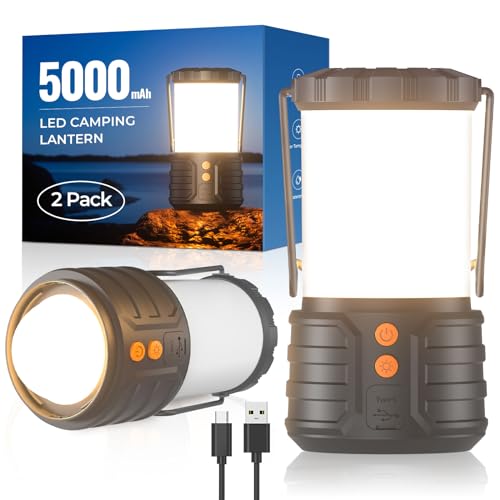 PopoIron Lanternas de campismo pacote de 2, lanternas de campismo LED, bateria recarregável de 5000 mAh, luzes de emergência para cortes de energia, 3 cores, lanterna portátil impermeável IPX4