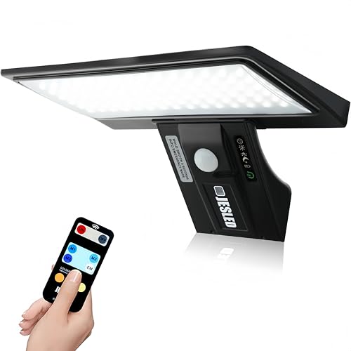 JESLED Luz solar exterior, 90 LEDs holofotes LED exteriores solares com sensor de movimento, 2600 mAh 3 modos luzes solares com controlo remoto, IP65 impermeável aplique candeeiro para jardim garagem