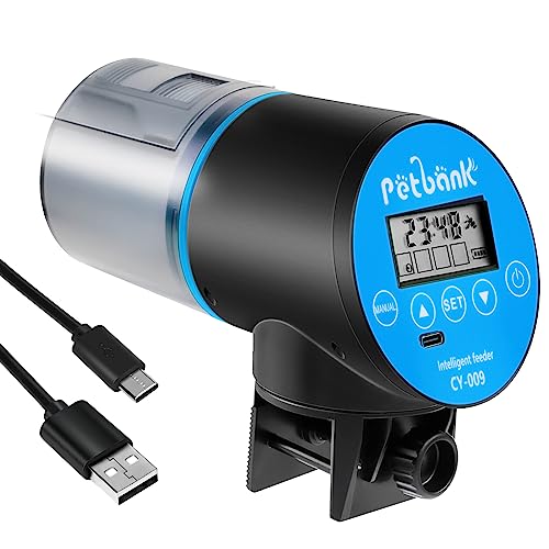 Petbank USB Charger Alimentador automático aquário com temporizador recarregável, dispensador de jantar aquário com ecrã LCD, dispensador de comida de peixes automático, azul