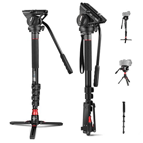 NEEWER GM76 Monopé para câmara profissional com pés, 179 cm, telescópico, portátil, de alumínio, para viagens, cabeça de fluxo inclinável e base removível para câmara DSLR, carga máxima de 6 kg
