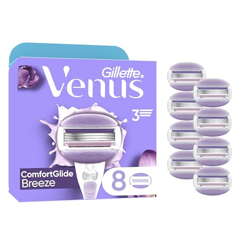 Venus Gillette ComfortGlide Breeze folhas, folhas de substituição 8 peças, cabo de metal e suporte para duche
