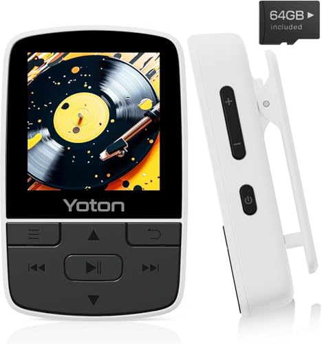 YOTON Leitor MP3 Bluetooth de 64 GB, reprodutor de música desportivo portátil com clipe, som HiFi sem perdas, rádio FM, cronómetro, gravador, podómetro, etc., vem com auriculares, branco