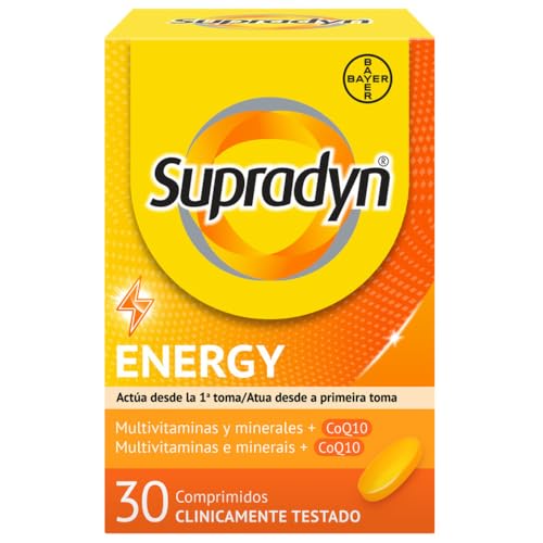 Supradyn Energy multivitamínico para homens e mulheres, complexo vitamínico com efeito energético, 13 vitaminas, 9 minerais e coenzima Q10, sem sabor, amarelo, 30 comprimidos
