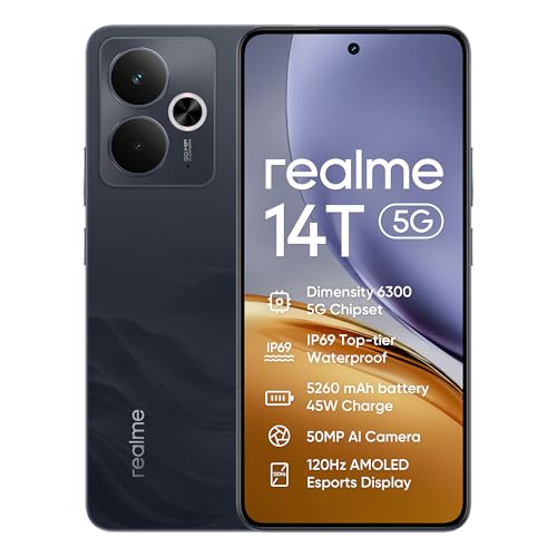 realme 14T Smartphone 5g, 8 + 256 GB, bateria 5260 mAh, processador Dimensity 6300, IP69, câmara de 50 MP, ecrã AMOLED para desportos de 120 Hz, preto obsidiana, exclusivo da Amazon (sem adaptador)