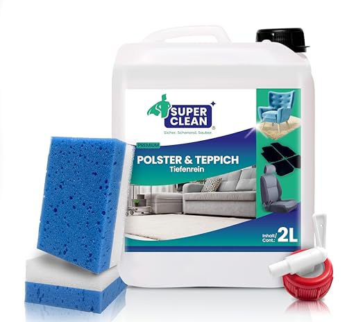 SUPER CLEAN Limpador concentrado para estofos e tapetes, para todos os tipos de tapeçaria, tapetes, assentos de carro, sofá ou divisão. Conteúdo: 2 l 2 esponjas para estofos
