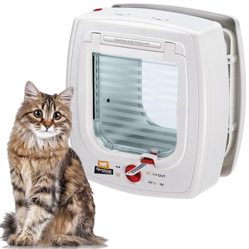 Ferplast Gatera Microchip, porta para gatos, colar gato incluído, entrada e saída controláveis de 4 vias, proteção contra corrente de ar, Swing Microchip, branco