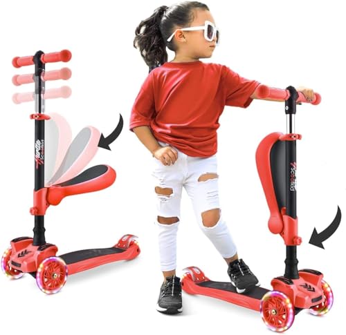 Hurtle Scooter criança 3 rodas, brinquedos crianças 2 anos ou mais, com assento dobrável, altura ajustável, mono 2 em 1, luzes intermitentes.