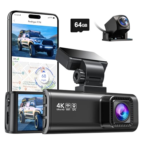 REDTIGER 4K Dash CAM com Wi-Fi GPS frontal 4K e traseira 1080P Dashcam, cartão 64G incluído, ecrã de 3,18 polegadas, gravador de câmara de ângulo grande de 170°, monitor de estacionamento