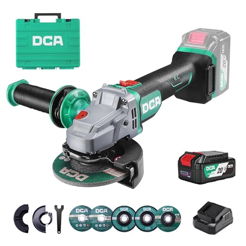 DCA Moedor angular sem cabo de 20 V sem escova, Ø 125 mm, incl. Bateria 4,0 Ah & carregador rápido, 8500 RPM triturador angular profissional com tampa de fecho rápido, 6 discos para cortar, desbastar