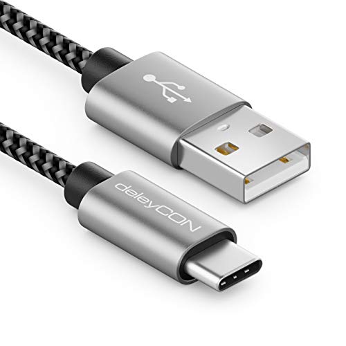 deleyCON 2 m nylon cabo USB-C cabo de carregamento cabo de dados USB tipo C tomada metálica carregamento e sincroniza telemóveis e smartphones