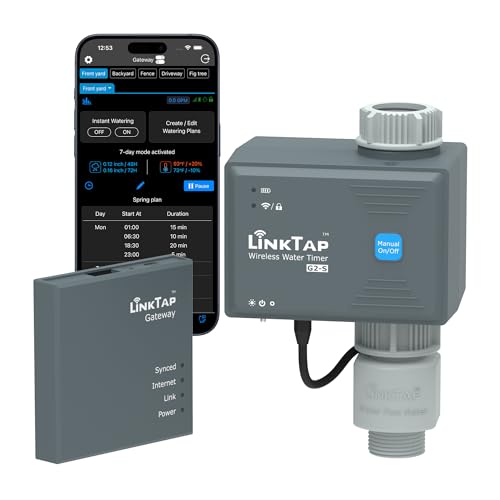 LinkTap G2S Temporizador de rega automático, gateway e medidor de fluxo - programador de rega inteligente jardim com bloqueio digital, detecção de falhas e notificações, IP66