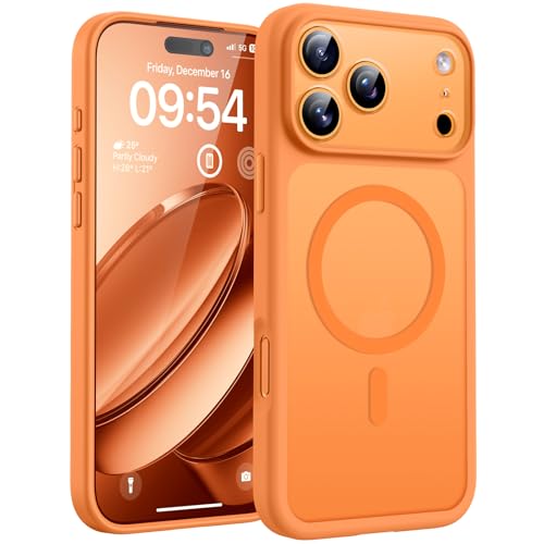 TOCOL Capa para iPhone 17 Pro, proteção de lente câmera, anel magnético integrado, compatível com Magsafe, proteção contra quedas, translúcida, mate traseira, laranja