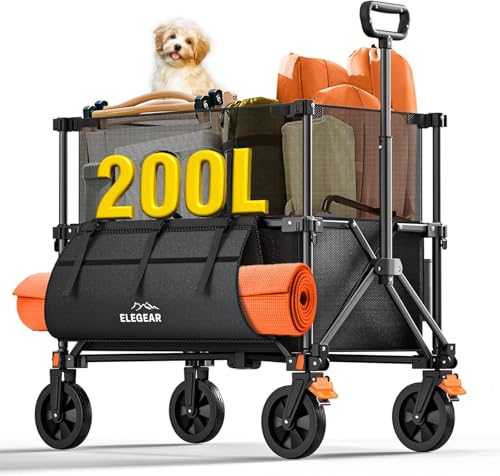 Elegear Carrinho de praia com travões 200 L, carrinho de jardim dobrável com alça ajustável e porta-copos, carrinho de mão dobrável carrinho de transporte para campismo compras desportos, preto