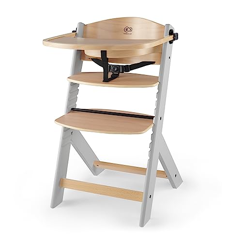kk Kinderkraft ENOCK Cadeira alta bebé de madeira, infantil, portátil, para crianças, cadeira alta evolutiva, ergonómica, com acessórios, barreira e bandeja, cinzento