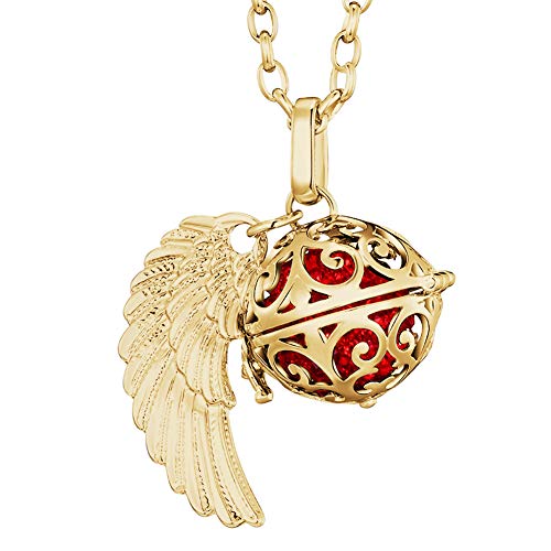 Morella Colar anjo da guarda de aço inoxidável ouro 70 cm com pendente asas de anjo e bola de ressonância de zircónia 16 mm para senhoras em saco para jóias