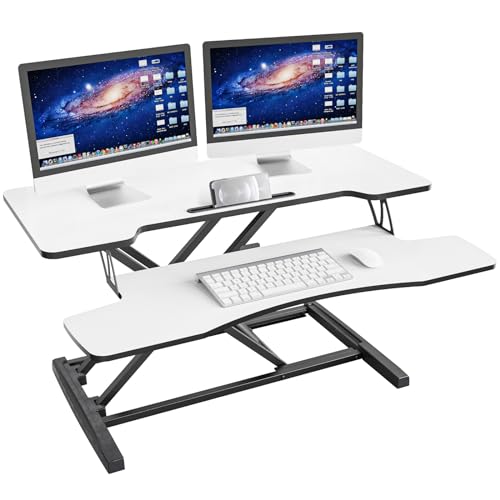 IMtKotW 36 polegadas Estação de trabalho sentada em pé estação de trabalho de pé a altura facilmente ajustável teclado removível, plataforma de 91,5 x 40 cm (preto e branco)