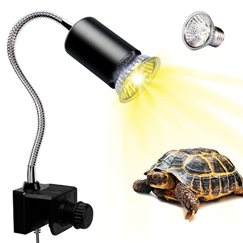 PewinGo Candeeiro para tartaruga, candeeiro de répteis e anfíbios com lâmpada de luz solar UVA UVB de 50 W e braçadeira giratória de 360 °Adecada, halogénia, luz amarela