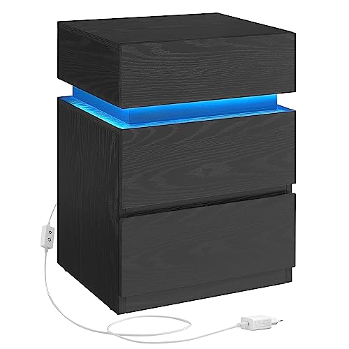 VASAGLE KAILYN Coleção - mesa de cabeceira com tira de luz LED multicolorida, 3 gavetas, mesa auxiliar, estilo moderno, 35 x 40 x 55 cm, preto ébano LET630T56