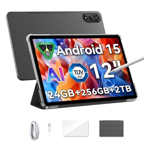 Blackview Mega 2 Android 15 Tablet de 12 polegadas FHD+ 2K, duplo 4G LTE & 5G WiFi, 24 GB RAM + 256 GB ROM/2TB TF Cameras Dual AI 9000 mAh Widevine L1/GPS/Face ID/WPS/PC Mode com P/PC protetor & Lápis