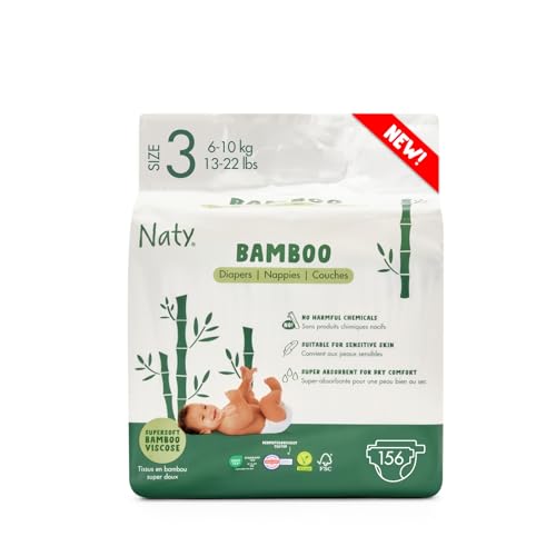 Naty Bamboo Fraldas de viscose de bambu, suavidade sedosa, fraldas de origem vegetal, testadas dermatologicamente para pele sensível e super absorventes (tamanho 3, 156 unidades)