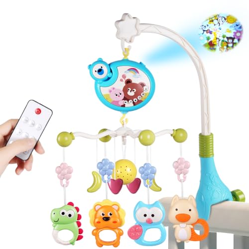 Aolso Móvel musical para berço de bebé, pendente para carrinho com sino, controlo remoto telemóvel de berço com projeção e função de tempo, bebé móvel para berço, chocalhos para animais - azul
