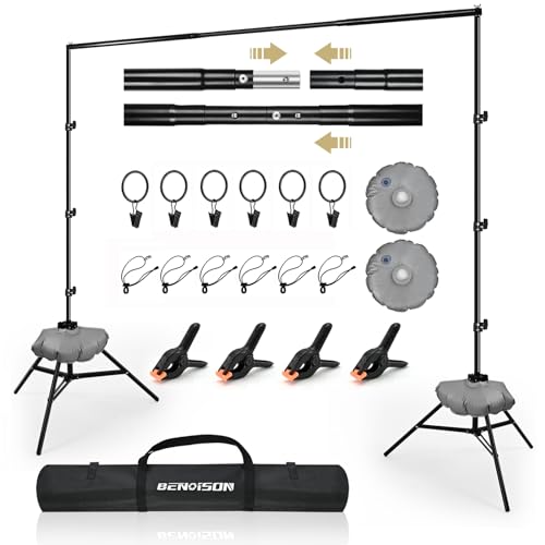 BENOISON Suporte de fundo - 2,6 x 3 m retrátil ajustável profissional com 10 clipes e 2 bolsas de água para fotografia, retrato, gravação de vídeo, casamento
