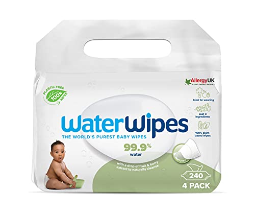 WaterWipes Toalhetes húmidos texturizados sem plástico para crianças pequenas e bebés, 240 unidades (embalagem de 4), 99,9% base de água, sem perfume para peles sensíveis