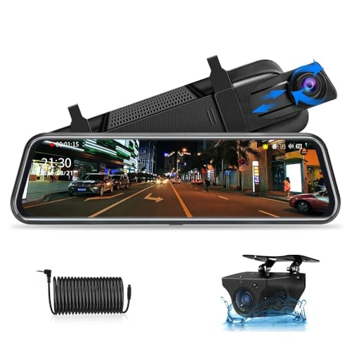 Jansite 10" Mirror Dash CCM Câmara frontal de carro, ecrã tátil retrovisor, frontal e traseira, 1080P, streaming média com cabos de 10 m lente dupla, super visão noturna grande angular de 170°