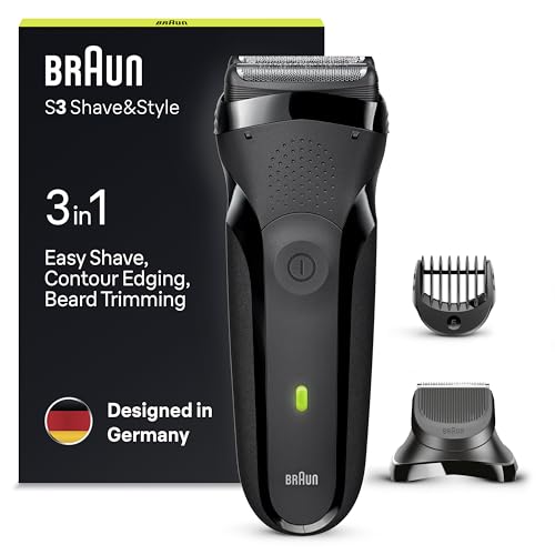 Braun Série 3 máquina de barbear elétrica para homem, máquina de barbear de 3 em 1 com aparador de precisão para barba e 5 pentes, recarregável e sem fios, Shave&Style, 300BT, preto