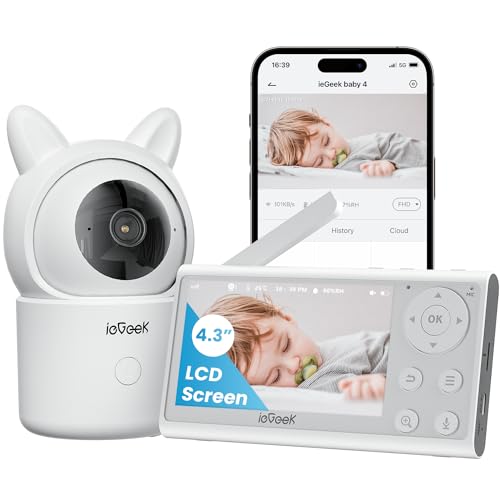 ieGeek Câmara de vigilância bebé 360º Type-C 1080P monitor para bebés com câmara, 4,3" 3000 mAh ecrã LCD, APP remoto, 4X, voz dupla, rastreamento automático, detecção movimento e ruído, animais de