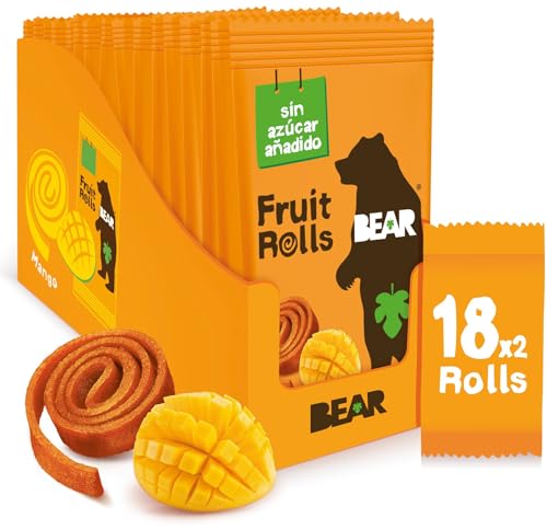 BEAR Rolinhos de fruta sabor manga - ingredientes 100% naturais - lanches para crianças e adultos, 18 saquetas de 20 g - 360 g