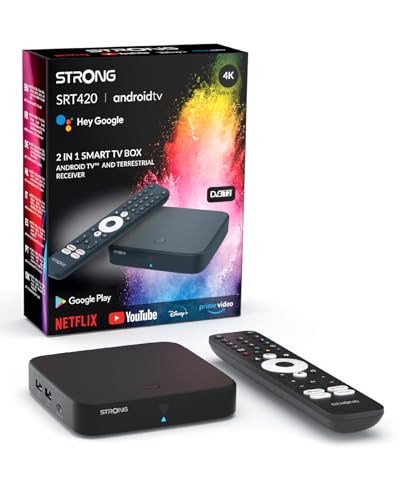 STRONG SRT420 TV Box Android TV 4K com porta Ethernet, DVB-T2, 2 GB RAM + 16 GB de armazenamento, Chromecast integrado, WiFi, Google Assistente de Voz, HDR10, Dolby áudio e visão Dolby
