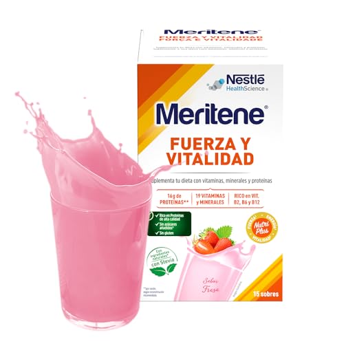 Meritene | Força e vitalidade | Batidos com sabor de morango, força para os seus músculos, qualidade para si, solução nutricional para adultos com proteínas, vitaminas e minerais, 15 envelopes | 450 g