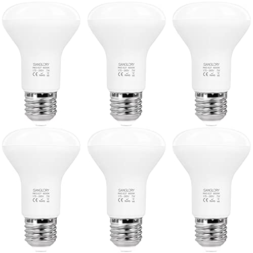 SanGlory Lâmpadas LED E27 de luz branca bola 7W R63, 6000K, 810 lúmenes, equivalente a 60 W lâmpada incandescente halogénia, lâmpada LED E27 branca, lâmpada E27 LED