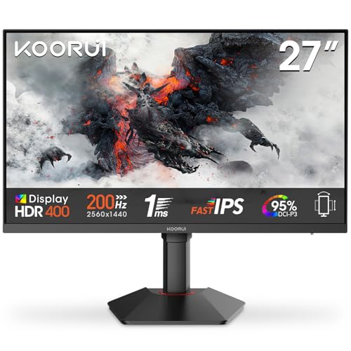 KOORUI G2722P Monitor Gaming 27 polegadas, 200 Hz, Fast IPS, 1 ms, altura ajustável, QHD (2560x1440, 2 x HDMI 2.0, DP 1.4, VESA, adaptador Sync, 10Bit, HDR400, 95% DCI-P33 )