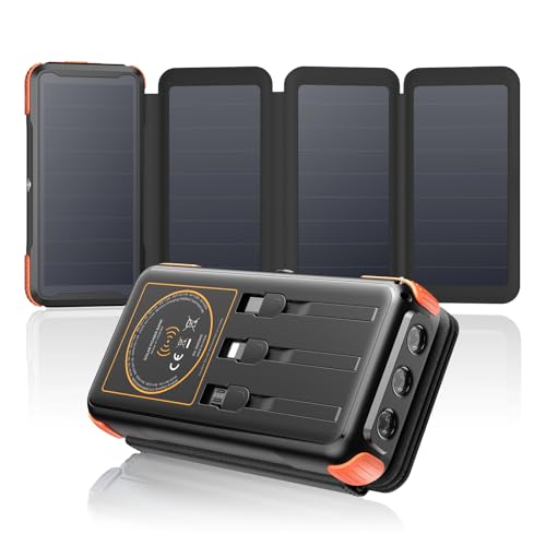 SOARAISE - Carregador-Solar-25000 mAh-20W-Solar-Power-Bank com 3 cabos e 4 painéis solares, USB C bateria externa carregamento rápido com lanterna LED para campismo